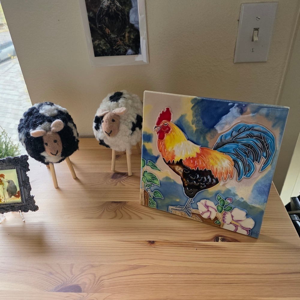 Benaya Art Decor Ping Signed Rooster Ceramic Art Tile 8x8 Raised Tube Lined - Picture 9 of 16